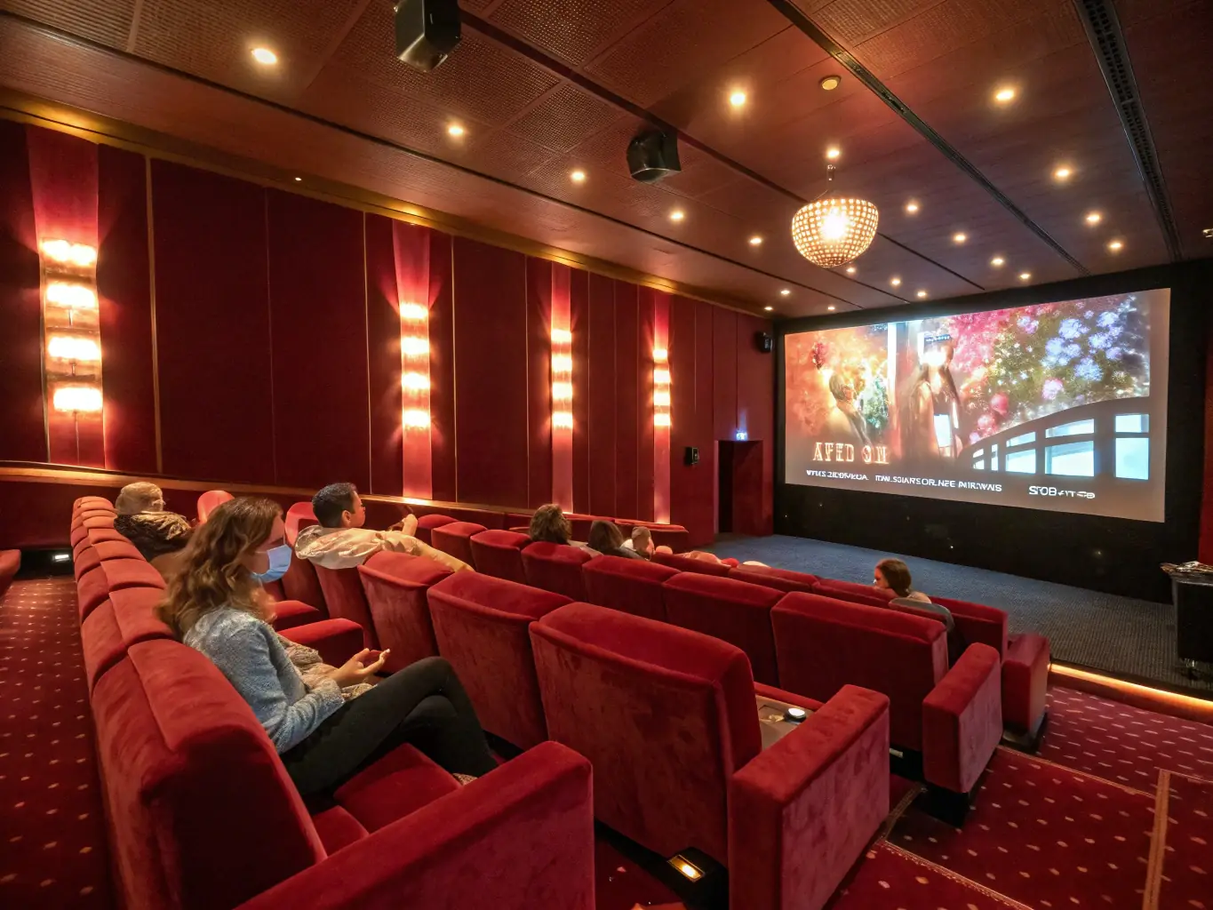 A vibrant photo of an intimate cinema hall with an audience watching a classic film, suitable for promoting a film screening event.