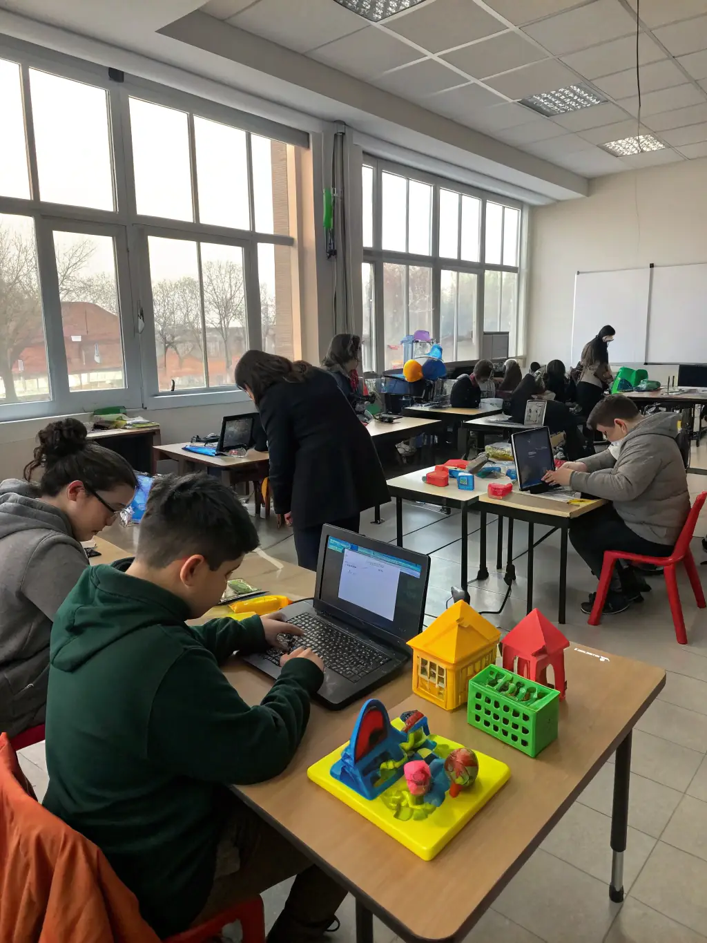 A group of diverse young adults attentively participating in a hands-on filmmaking workshop, surrounded by vintage cameras and film reels, in a bright classroom setting at AD KAMERA.