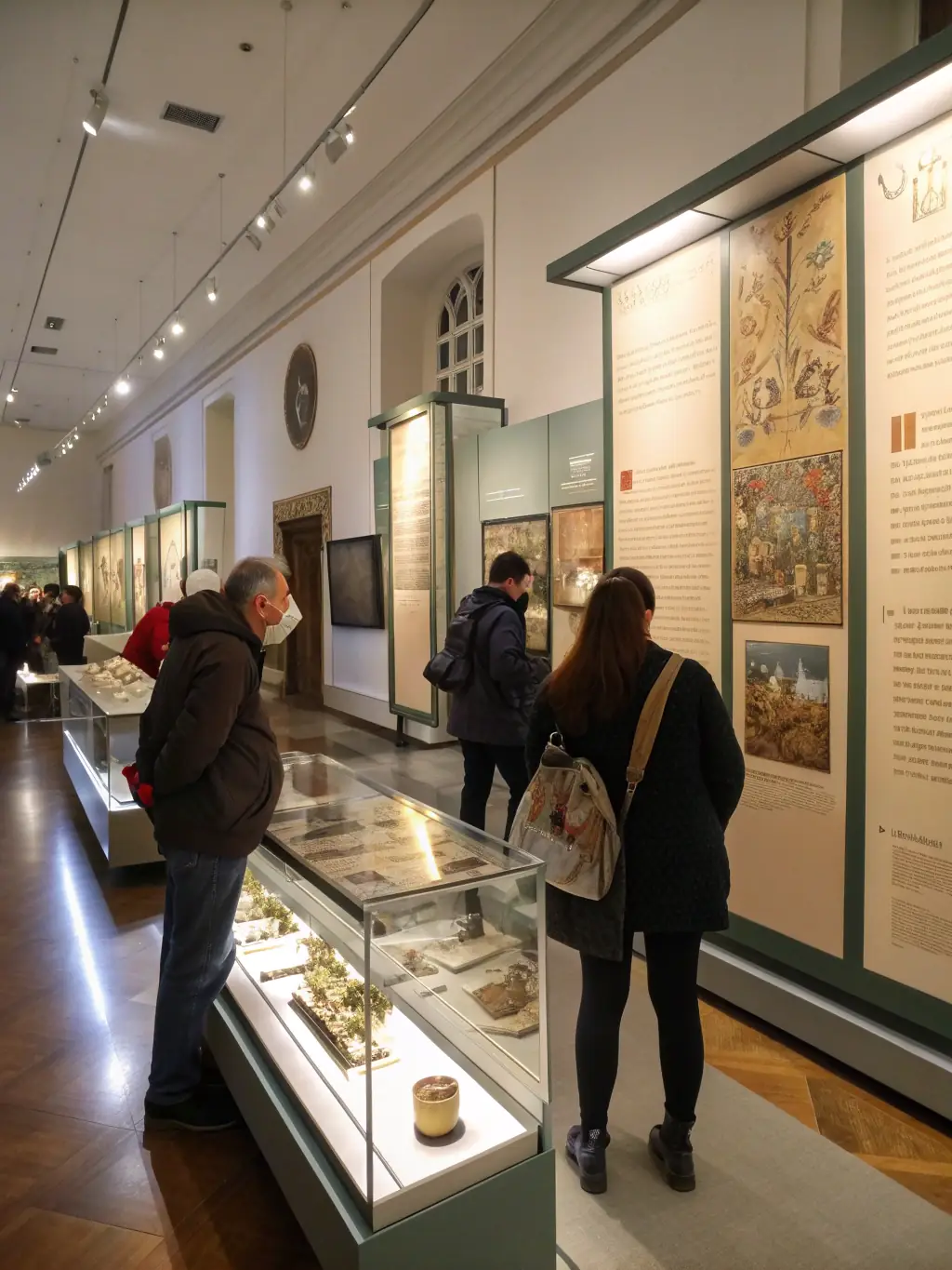 A curated exhibition space featuring historic movie posters, original scripts, and interactive multimedia displays, with visitors engaging and taking notes.