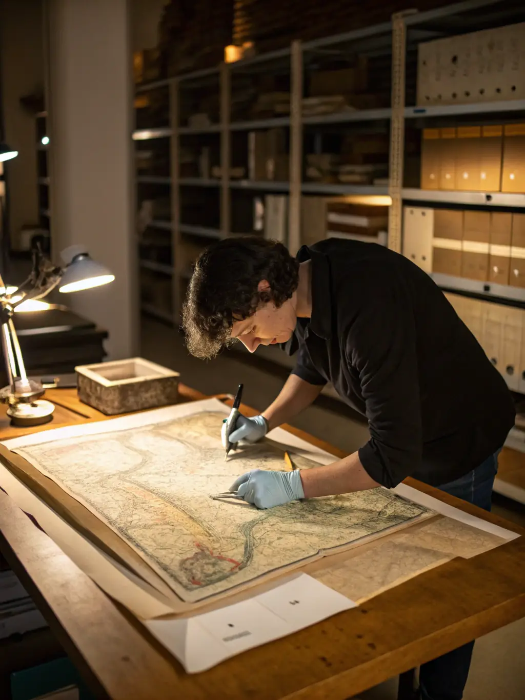 A conservator wearing gloves carefully digitizing a fragile film reel in a modern archival lab, shelves lined with labeled film canisters in the background.