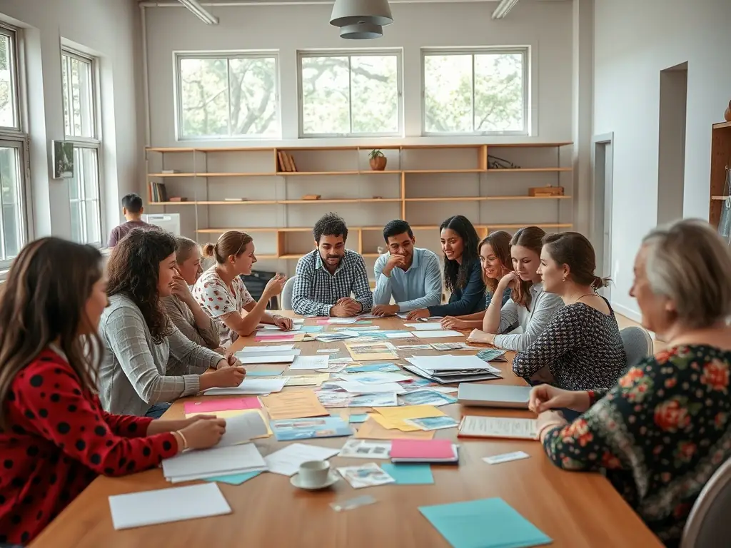 A group of diverse people in a creative workshop setting, discussing and collaborating around a table with film reels and notebooks.