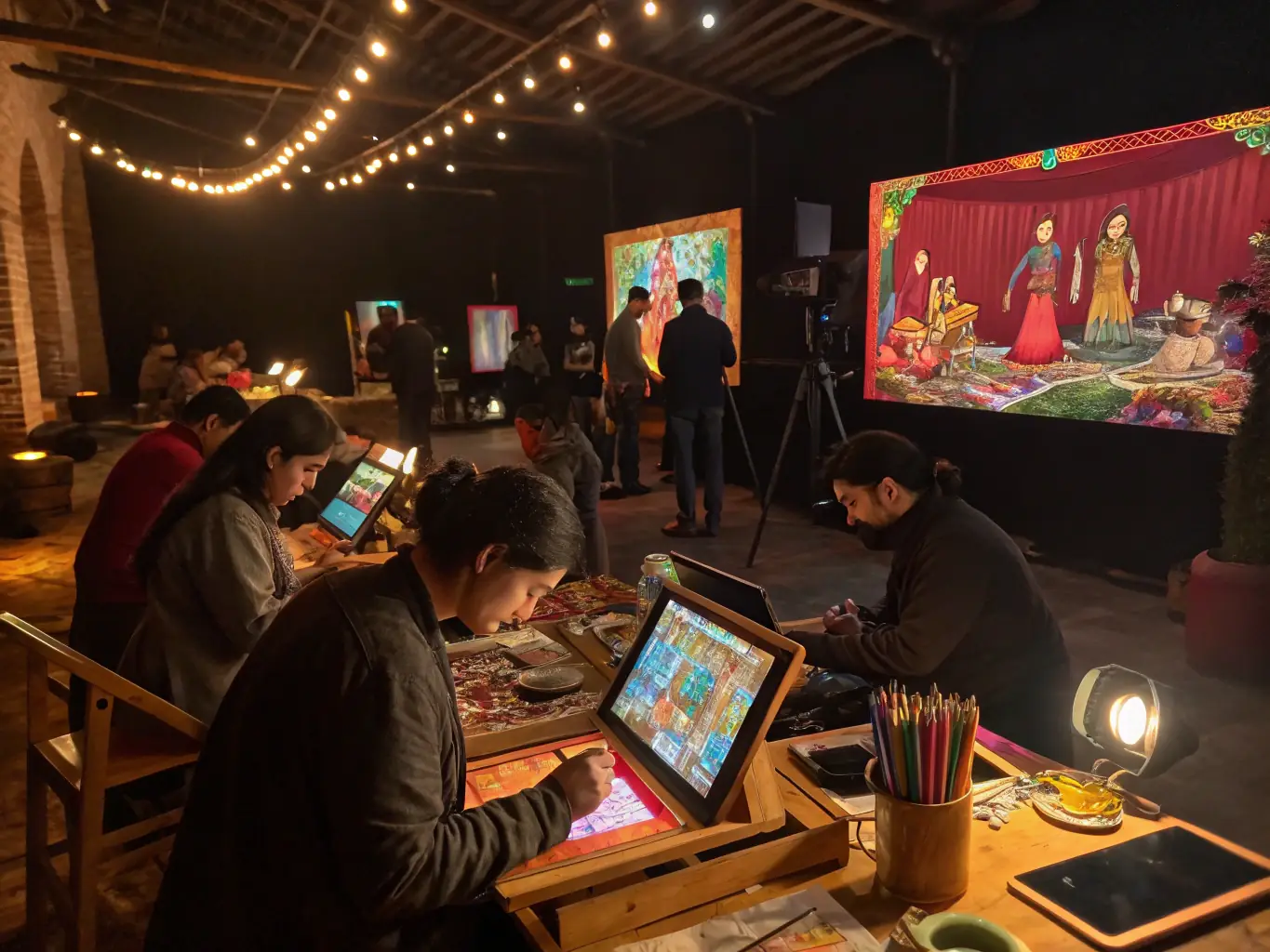 A vibrant photo of a group of students participating in a hands-on filmmaking workshop, surrounded by cameras and lighting equipment, capturing the spirit of creative learning at AD KAMERA.