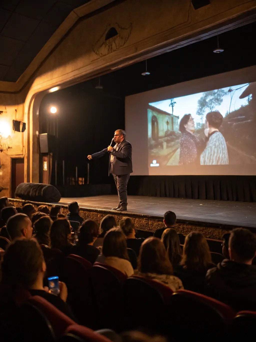 A lively community event in a local theater, with audience members engaging in a post-screening discussion led by a filmmaker, banners displaying AD KAMERA branding.