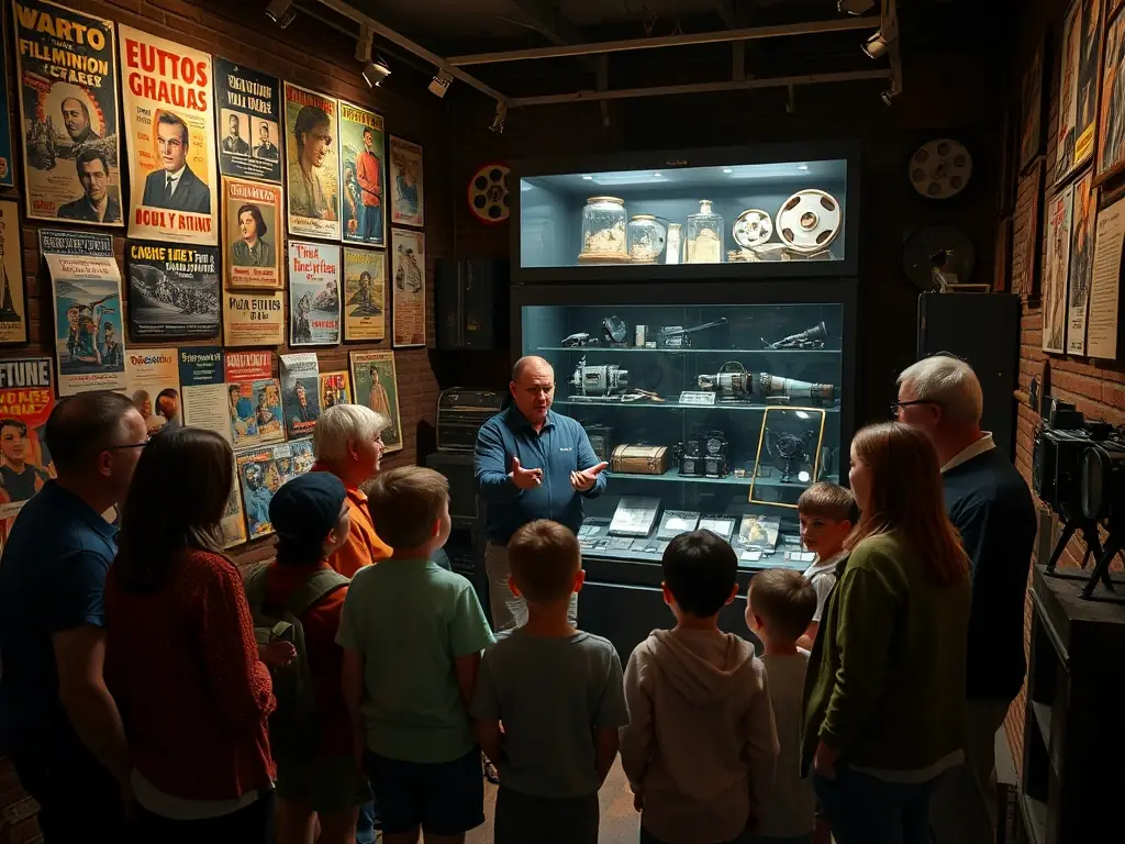 A striking photo of a curated film exhibition at AD KAMERA, featuring posters, memorabilia, and interactive displays, with visitors engaging and exploring the rich history of cinema.